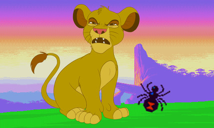 brown_eyes brown_inner_ear disgust duo fangs feral fur male open_mouth screencap screencap_background sitting sprite teeth yellow_body yellow_fur young young_feral pumpkinsoup cat_no_like_banana disney nintendo the_lion_king simba_(the_lion_king) arachnid araneomorph arthropod black_widow_spider felid lion mammal pantherine spider theridiid widow_spider hi_res meme