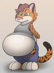 anthro belly big_belly clothed clothing fur hair inflation male overweight overweight_male simple_background solo stripes foxball felid mammal pantherine tiger digital_media_(artwork) hi_res