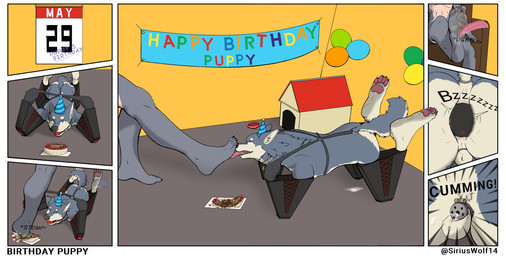 anal anal_orgasm anthro anus ball_gag balloon banner bdsm birthday birthday_cake birthday_party bitchsuit bodily_fluids bondage bondage_gear bound bowl cake calendar chastity_cage chastity_device clothing collar comic_panel container cum cum_in_chastity_cage cumshot dessert doghouse duo ejaculation feet flat_chastity_cage food food_fetish food_on_feet food_play foot_fetish foot_focus foot_lick fur furniture gag genital_fluids grey_body grey_fur hands-free hat headgear headwear hindpaw humanoid_feet inflatable latex licking male male/male metal_chastity_cage metal_collar multicolored_body multicolored_fur orgasm orgasm_face party_hat pawpads paws petplay plantigrade roleplay sex_toy simple_background sofa stomp_(sound_effect) stomping submissive submissive_male tail tail_motion tailwag text tongue vibrator white_body white_fur worshipping_feet wolpha mythology wolpha_(character) canid canine canis dragon mammal mythological_creature mythological_scalie scalie wolf absurd_res comic english_text hi_res shaded simple_shading