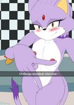 anthro areola areola_slip bathroom bathtub blush breasts covering covering_self exposure_variation female flat_chested fur hair_down looking_at_viewer mirror_selfie nude purple_body purple_fur selfie small_breasts smile solo text thick_thighs white_body white_fur yellow_eyes vexxyvex one_finger_challenge sega sonic_the_hedgehog_(series) blaze_the_cat felid feline mammal absurd_res censored hi_res meme