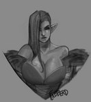 big_breasts breasts corset_dress covered_eye eyeshadow female hair humanoid_pointy_ears lipstick long_hair makeup markings mole_(marking) not_furry pointy_ears solo flabberd final_fantasy final_fantasy_xiv square_enix elezen elf humanoid monochrome sketch