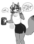 anthro bottomwear clothed clothing crossdressing dialogue eyewear femboy glasses hair male pencil_skirt ponytail skirt speech_bubble text dalipuff laurel_(foxoflaurels) canid canine fox mammal digital_media_(artwork) english_text greyscale hi_res monochrome