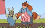 anthro apron belly blush bottomwear chubby_cheeks clothing duo grey_body hat headgear headwear male male/male orange_body outside overalls overweight overweight_male pants shirt topwear quanjiang disney zootopia gideon_grey stu_hopps canid canine fox lagomorph leporid mammal rabbit red_fox true_fox 2024