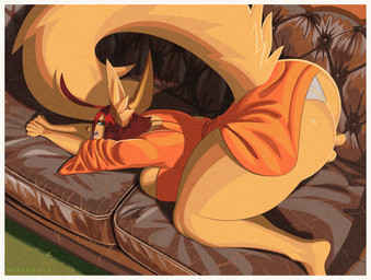 anthro ass_up big_breasts big_butt blue_clothing blue_panties blue_underwear breast_squish breasts butt cleavage_cutout clothing cutout detailed_background female fluffy fluffy_tail fur furniture green_eyes hair huge_breasts huge_butt huge_hips huge_thighs inner_ear_fluff leather orange_clothing panties pointy_ears presenting presenting_hindquarters red_hair sofa solo squish stretching tail thick_thighs tuft underwear wide_hips yellow_body yellow_fur hiverdose ilia_(hiverdose) canid canine canis jackal mammal digital_media_(artwork) hi_res