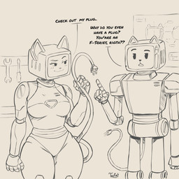 anthro big_breasts breasts curvy_figure dialogue duo female for_a_head humor machine male male/female metallic_body plug power_cord television_head text thick_thighs wide_hips taikat android felid mammal object_head robot 1:1 english_text hi_res monochrome sketch