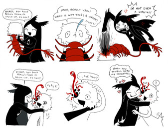 :3 :d ^_^ ambiguous_feral ambiguous_gender ambiguous_humanoid angry black_body black_hair blood blush bodily_fluids chest_eye cross-popping_vein dialogue drooling eyes_closed feral fur group hair holding_another hug long_hair male male_humanoid o3o open_mouth open_smile punch question_mark red_body red_tail saliva simple_background smile speech_bubble spitting sweat tail text trio trypophobia white_background white_body white_face white_fur jejejunum filth_(jejejunum) pest_(jejejunum) secret_(jejejunum) humanoid nethermare proto-nethermare worm 2026 comic digital_drawing_(artwork) digital_media_(artwork) english_text hi_res