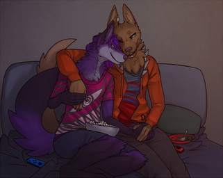 anthro anthro_on_anthro bed black_body black_fur black_nose bottomwear bowl brown_body brown_fur claws clothed clothing container controller cuddling dipstick_tail duo ear_piercing facial_piercing fluffy food fur fur_markings furniture game_controller gloves_(marking) green_eyes grey_background hand_holding inside jacket leg_markings lip_piercing male male/male markings multicolored_body multicolored_fur multicolored_tail neck_tuft on_bed one_eye_closed pants piercing pillow plate popcorn purple_body purple_eyes purple_fur romantic romantic_couple shirt shorts simple_background sitting smile socks_(marking) tail tail_markings topwear tuft white_body white_fur syynx nintendo nintendo_switch canid canine canis fox hybrid mammal wolf 2017
