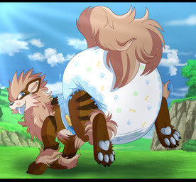 4_toes ambiguous_gender ankle_tuft ass_up big_diaper black_nose blue_pawpads blue_tongue brown_body brown_claws brown_fur brown_stripes brown_toe_claws claws clean_diaper cliff clothed clothing cloud diaper diaper_only diaper_puff fangs feet feral fur grass huge_diaper leg_tuft light light_beam looking_back mane nature nature_background open_mouth open_smile pawpads plant shrub sky smile solo striped_body striped_fur stripes sunbeam sunlight tail tan_body tan_fur tan_inner_ear tan_mane tan_tail teeth toe_claws toeless_(marking) toes tongue tongue_out topless tree tuft wearing_diaper whisker_spots jupiters nintendo pokemon arcanine generation_1_pokemon pokemon_(species) 2024 hi_res letterbox