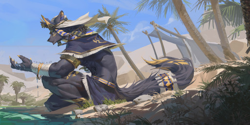 anthro black_nose blue_eyes claws clothed clothing day desert fur grey_body grey_fur grey_tail male mouth_closed narrowed_eyes outside palm_tree plant rock sand side_view sitting solo tail tree water yellow_claws awaldkize canid canine mammal absurd_res hi_res