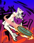 action_pose anthro big_breasts black_nose black_sclera breasts butt claws eyebrows eyelashes featureless_breasts female fingers fire fur leg_tuft midair nude pawpads pose red_stripes solo stripes tail tail_tuft teeth throwing_object toe_claws tuft weapon white_body white_fur half_dime capcom okami_(capcom) amaterasu_(okami) canid canine canis mammal wolf 4:5 absurd_res hi_res