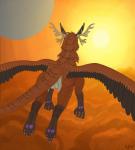 antlers balls black_body black_fur butt cloud detailed_background feathers feet feral fur genitals horn male orange_body orange_fur outside paws planet rear_view sky solo stripes sun sunset tail wings kojima_(artist) mythology tzerin dragon mythological_creature mythological_scalie scalie hi_res signature