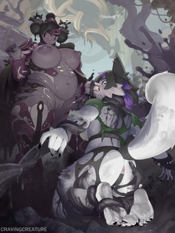 anthro anus bdsm big_breasts black_claws body_tape body_writing bondage bound breasts claws clothing dirty dirty_feet dominant dominant_female feet female female/female pussy_tape questionable_consent restrained submissive submissive_female tape tentacles torn_clothing cravingcreature follie_(warframe) humanoid 3:4 absurd_res hi_res