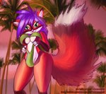 anthro breasts detailed_background female green_eyes hair looking_at_viewer outside palm_tree plant purple_hair solo standing tree esferaosamael wesleyfoxx canid canine fox mammal 2019 hi_res