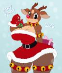 anthro antlers bell big_breasts big_butt bow_(decoration) bow_(feature) box breasts butt christmas cleavage clothed clothing container crossgender decoration deer dress english_text female gift gift_bow gift_box gloves handwear hi_res holidays horn kissing_bough looking_at_viewer mammal mistletoe mtf_crossgender new_world_deer pink_bow plant red_bow red_nose reindeer rudolph_the_red-nosed_reindeer simple_background smile solo sssonic2 text thick_thighs wide_hips
