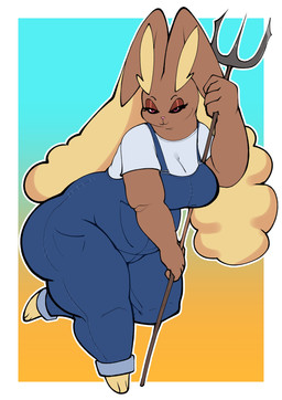 anthro anthrofied big_breasts big_butt big_ears black_sclera breasts butt clothing female overalls overweight overweight_anthro overweight_female pitchfork pokemorph pose red_eyes shirt smile solo thick_thighs tools topwear white_clothing white_shirt white_topwear goopyarts nintendo pokemon generation_4_pokemon lopunny pokemon_(species) absurd_res hi_res