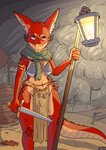anthro armor bottomwear breasts captaincob cheek_spikes clothing crotch_apron dagger desert facial_spikes female fluffy_ears gem gold_(metal) hi_res jewelry kobold lamp lantern loincloth looking_at_viewer melee_weapon non-mammal_breasts orange_eyes pelvic_curtain red_(captaincob) red_body red_scales scales scalie scarf solo spikes spikes_(anatomy) storm sword tail tail_ridge tan_body tan_scales unconvincing_armor weapon wind yellow_eyes
