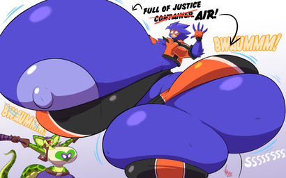 anthro areola big_breasts big_butt blue_body blue_feathers bottomwear breast_expansion breasts brown_clothing brown_gloves brown_handwear butt butt_expansion clothing duo expansion feathers female fingerless_gloves fingers gloves green_body green_scales handwear hose hose_inflation huge_breasts huge_butt huge_thighs hyper hyper_breasts hyper_butt hyper_thighs inflation jacket legwear nipples open_mouth pants scales shirt shorts text thick_thighs thigh_expansion topwear jaeh evil_container busty_bird hosemistress avian bird corvid corvus_(genus) crow oscine passerine reptile scalie snake 16:10 2026 absurd_res english_text hi_res widescreen