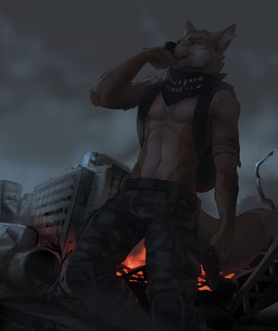 5_fingers abandoned anthro apocalypse athletic athletic_anthro athletic_male backpack bandage black_nose blood blue_eyes bodily_fluids bottomwear city clothed clothing dipstick_tail eyebrows fingers fur gun handgun holding_gun holding_object holding_ranged_weapon holding_weapon inner_ear_fluff kerchief knee_pads male markings multicolored_body multicolored_fur multicolored_tail navel nosebleed pants pistol ranged_weapon ruins solo tail tail_markings tan_body tan_fur topless tuft weapon white_body white_fur koul canid canine fox mammal 2019 digital_media_(artwork)