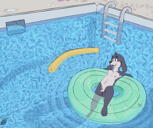 anthro balls casual_nudity circumcised clothing countershading genitals inflatable inner_tube ladder looking_away male nude nudist penis pool_float pool_noodle skinny_dipping solo swimming_pool young young_anthro leglegleg canid canine canis domestic_dog mammal absurd_res hi_res