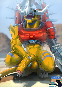 3_fingers anthro armor balls big_penis bodily_fluids bottomless clothed clothing crouching cum cumshot ejaculation erection fingers foreskin genital_fluids genitals male masturbation muscular muscular_male orgasm penile penile_masturbation penis solo vein weapon todex bandai_namco digimon digimon_(species) rizegreymon hi_res