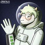 5_fingers anthro armor astronaut eyes_closed eyewear fingers freckles glasses green_hair greeting greeting_viewer hair headgear helmet horn long_ears male simple_background solo space star text orbitalis bovid caprine goat mammal absurd_res hi_res url