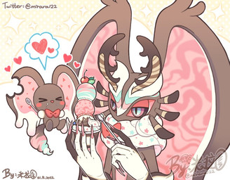>.< alternate_color alternate_form ambiguous_gender anthro antlers big_ears biped black_sclera blush blush_stickers bow_tie bow_tie_only brown_body candy cherry chest_tuft chocolate colored_nails countershading cutlery dessert digitigrade dipstick_tail duo eating eating_food eating_ice_cream eyes_closed featureless_crotch feral fingerless_(marking) fingerless_gloves_(marking) fingernails food food_on_face fruit gloves_(marking) grey_background head_wings heart_symbol holding_food holding_object holding_spoon horn huge_wings ice_cream kitchen_utensils looking_at_food looking_at_object markings mostly_nude mostly_nude_anthro mouthless multicolored_eyes nails neck_tuft notched_ear pink_body pink_eyes pink_fingernails pink_nails plant simple_background size_difference solo sparkles speech_bubble spoon tail tail_markings teal_body teal_eyes three-quarter_view tools tuft unusual_wing_placement white_body wings mirara122 kirby_(series) nintendo elfilin fecto_elfilis alien chinchilla chinchillid food_creature mammal rodent starling_(kirby) 2022 dated digital_drawing_(artwork) digital_media_(artwork) japanese_description signature watermark male_(lore)