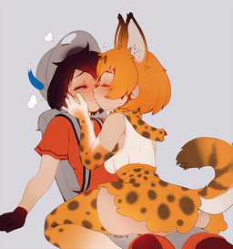 armwear backpack blush bottomwear breasts clothed clothing duo feathers female footwear fur gloves hair handwear human_and_animal_ears kissing male male/female multi_ear scarf shirt simple_background smile tail text topwear triuni kemono_friends serval-chan animal_humanoid felid felid_humanoid feline feline_humanoid humanoid mammal mammal_humanoid 2017 digital_media_(artwork)