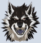 abstract_background angry anthro black_body black_fur black_nose countershading fur grey_background looking_at_viewer male red_eyes simple_background solo teeth tongue white_body white_fur aluminemsiren orion_(aluminemsiren) canid canine canis mammal wolf