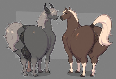 all_fours animal_genitalia animal_penis animal_vulva anus balls big_balls big_butt big_penis brown_body butt duo equine_anus equine_genitalia equine_penis equine_vulva female female_feral feral flaccid genital_raphe genitals grey_body grey_hair hair hair_over_eyes hooves horn looking_at_viewer looking_back male male_feral narrowed_eyes penis puffy_anus raphe_(anatomy) scrotal_raphe scrotum_flap thick_thighs vulva white_hair wide_hips conditional_dnp welwraith elden_ring fromsoftware nintendo the_legend_of_zelda epona_(tloz) torrent_(elden_ring) equid equine horse mammal 2026 crossover digital_media_(artwork) hi_res