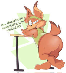 accessory anthro arm_support ass_up bent_over big_butt black_nose bodily_fluids bottomless butt claws clothed clothing countershading dialogue ear_tuft eyebrows fangs fur head_tuft headband looking_at_viewer looking_back male monobutt open_mouth orange_body orange_fur pointy_ears raised_eyebrows raised_tail rear_view shirt simple_background solo sweat tail tank_top teeth thick_thighs tongue toony topwear tuft white_background wide_hips astralkettei bubsy_(series) bubsy_bobcat bobcat felid feline lynx mammal hi_res