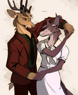 anthro anthro_on_anthro antlers black_nose brown_body brown_fur clothed clothing duo eyes_closed female fur grey_body grey_fur hand_holding horn interspecies male male/female necktie romantic romantic_couple shirt smile topwear whoiskairin beastars juno_(beastars) louis_(beastars) canid canine canis cervine deer mammal red_deer wolf 2025 absurd_res hi_res
