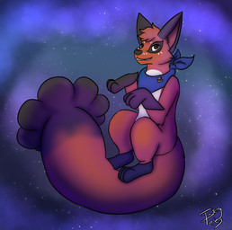 ambiguous_gender black_body black_fur blue_kerchief blue_neckerchief brown_eyes cosmic_background dipstick_tail feral fur head_tuft kerchief leg_markings markings neckerchief neckwear orange_body orange_fur smile socks_(marking) solo space space_background tail tail_markings teeth text tuft white_body white_fur tastytales nintendo pokemon z_(tastytales) generation_8_pokemon nickit pokemon_(species) artist_name hi_res male_(lore)