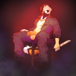 anthro balls black_clothing black_footwear black_shoes chair clothed clothing erection footwear fur furniture genitals grey_clothing grey_overalls holding_knife holding_object humanoid_genitalia humanoid_penis knife male markings obscured_eyes open_overalls orange_markings orange_penis overalls penis red_backlighting simple_background sitting solo white_body white_fur yellow_balls yellow_body yellow_fur seraphictiger canid canine mammal 1:1 hi_res