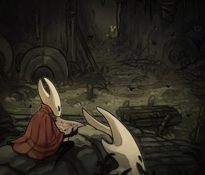 ambiguous_gender black_body black_eyes cloak clothing looking_at_map map no_pupils not_furry red_cloak red_clothing sitting sitting_on_another text white_head bluegekk0 hollow_knight:_silksong hollow_knight_(franchise) team_cherry hornet_(hollow_knight) arachnid arthropod humanoid 2025 absurd_res artist_name hi_res female_(lore)