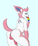 accessory anthro anthrofied anus backsack balls blue_background blue_sclera blush bow_ribbon butt erection femboy food fur genitals hair_accessory hair_bow hair_ribbon hand_on_leg humanoid_genitalia humanoid_penis lgbt_pride licking licking_popsicle looking_at_viewer looking_back male multicolored_body multicolored_fur nude open_mouth penis pink_body pink_fur pokemorph popsicle presenting presenting_hindquarters pride_colors rainbow_popsicle raised_tail rear_view ribbons simple_background six-stripe_rainbow_pride_colors solo tail tongue tongue_out two_tone_body two_tone_fur white_body white_eyes white_fur dabelette nintendo pokemon fan_character tag_(brahkest) eeveelution generation_6_pokemon pokemon_(species) sylveon 2020 hi_res