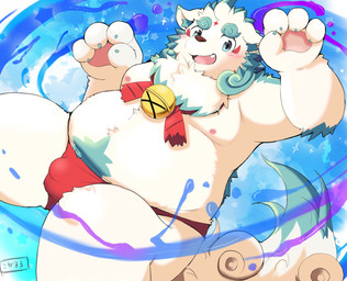 anthro belly big_belly blush bulge clothing kemono male moobs nipples overweight overweight_male solo swimwear white_body kogamaru asian_mythology east_asian_mythology japanese_mythology lifewonders mythology tokyo_afterschool_summoners agyo_(tas) foo_dog komainu mammal yokai 2026 hi_res