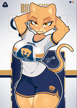 anthro big_breasts breasts clothing curvy_figure female hands_behind_head hourglass_figure soccer_uniform solo sportswear tail text thick_thighs uniform yellow_eyes dio_morningstar club_universidad_nacional dhl liga_mx goya_(pumas_unam) cougar felid feline mammal absurd_res hi_res signature spanish_text