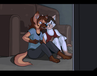 anthro blue_clothing blue_eyes blue_shirt blue_t-shirt blue_topwear bottomwear brown_body brown_fur clothed clothing duo female female_anthro fur furniture gaming glistening glistening_eyes gloves_(marking) grey_bottomwear grey_clothing grey_pants inside leg_markings male male_anthro markings open_mouth open_smile orange_body orange_fur pants playing_video_game red_clothing red_topwear shirt sitting smile socks_(marking) sofa t-shirt topwear white_body white_fur young young_anthro young_male pandapaco canid canine felid mammal