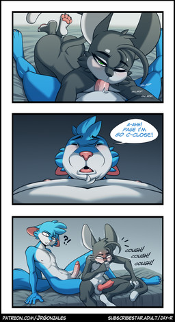 anthro balls biped black_body black_fur black_tail dialogue duo erection exclamation_point fellatio fur genitals glans humanoid_genitalia humanoid_penis humor male male/male multicolored_body multicolored_fur nipples nude oral oral_penetration pawpads penetration penile penile_penetration penis pink_nose question_mark sex speech_bubble tail teeth text tongue vein veiny_penis white_body white_fur jay-r canid canine fox mammal comic english_text hi_res url