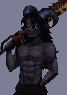 abs anthro big_muscles blood bodily_fluids chain_sword chainsaw clothed clothing eyewear glasses hand_in_pocket horn male male_anthro muscular muscular_anthro muscular_male pockets power_tool scar scratch solo tools topless topless_anthro topless_male bovid caprine goat mammal hi_res