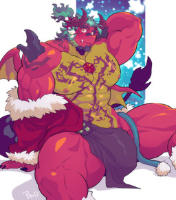 2_horns abs anthro arm_spikes barazoku biceps big_bulge biped black_bottomwear black_clothing black_loincloth bottomwear broad_shoulders bulge chest_gem chest_markings claws clothing coat deltoids detailed_bulge dragon_horn dragon_wings eyebrows facial_markings finger_claws fur-trimmed_jacket fur_trim gem genital_outline glistening glistening_body glistening_scales green_hair hair hand_behind_head head_markings holidays horn jacket loincloth looking_at_viewer male male_anthro markings mini_wings multicolored_body multicolored_scales muscular muscular_arms muscular_male muscular_thighs navel nipples orange_eyes pecs penis_outline ponytail red_body red_clothing red_coat red_eyes red_jacket red_scales red_topwear scales short_ponytail shoulder_spikes sitting sitting_on_ground solo spikes spikes_(anatomy) thick_eyebrows thick_thighs topwear triceps tusks two_tone_body two_tone_scales wide_eyed wings yellow_body yellow_scales redjack_036 anothereidos_of_dragon_vein_r christmas mythology atmos_(anothereidos_r) dragon mythological_creature mythological_scalie scalie hi_res