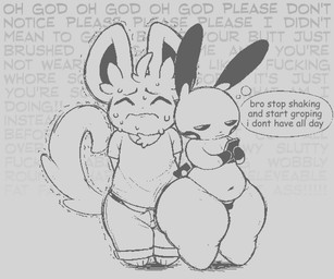 anthro belly big_butt big_ears big_tail bodily_fluids bottom_heavy bottomwear bulge butt cheek_spots chest_tuft clothed clothing denim denim_bottomwear denim_clothing duo ear_tuft erection erection_under_clothing eyes_closed femboy head_tuft indifferent jeans male male/male navel on_phone pants paws shaking shirt shortstack shortstack_male skimpy sweat t-shirt tail text thick_thighs thong thought_bubble thoughts topwear tube_top tuft underwear wide_hips zlut385 nintendo pokemon generation_3_pokemon generation_5_pokemon minccino minun pokemon_(species) 6:5 digital_drawing_(artwork) digital_media_(artwork) english_text monochrome