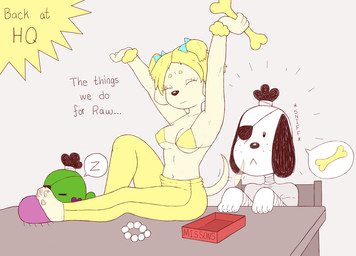 ambiguous_gender anthro bandage belly bikini blonde_hair bone bow_ribbon boyfriend/girlfriend clothing eye_patch eyewear female fur furniture gem gold_(metal) green_body group hair jewelry male male/female navel necklace pearl_(gem) pearl_necklace pigtails sleeping stretching swimwear table tail tail_motion tailwag tracksuit trio two-piece_swimsuit white_body yellow_body yellow_fur y0dare canid canine canis domestic_dog gastropod mammal mollusk slug comic