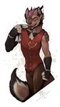 anthro classy clothing fancy_clothing grin male piercing pose smile smirk solo suit topwear vest kredri canid canine canis mammal wolf hi_res