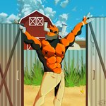 anthro barn bottomwear clothed clothing cloud machine male muscular muscular_anthro muscular_male nipples orange_body outside pants pecs sky solo topless genericboxhead bovid bovine cattle mammal robot 1:1 hi_res