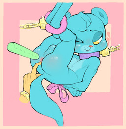 anthro arms_tied backsack balls bite biting_lip blue_body blue_fur blush bodily_fluids body_blush border bound butt butt_blush collar dildo disembodied_hand fur genitals heart_symbol human_on_anthro interspecies legs_tied male male_focus one_eye_closed orange_border sex_toy sweat yellow_eyes young young_anthro kaboozey hasbro littlest_pet_shop littlest_pet_shop_(2012) sunil_nevla banded_mongoose herpestid human mammal mongoose 2015