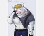 anthro bulge clothed clothing detailed_bulge horn knife_sheath male muscular one_eye_closed raised_clothing raised_shirt raised_topwear shirt solo suspenders topwear whipping_face diam_snow chickenhare_and_the_hamster_of_darkness n_wave_pictures netflix ox_grunt bovid bovine cattle mammal 2022