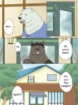 3:4 bear brown_bear clothing comic dialogue door duo english_text eyewear eyewear_on_head grizzly_(shirokuma_cafe) grizzly_bear hat headgear headwear kumao male mammal okatana open_mouth polar_bear shirokuma shirokuma_cafe sunglasses sunglasses_on_head text translated ursine