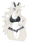 2_horns anthro belly big_breasts black_bottomwear black_bra black_clothing black_horn black_shorts black_underwear bottomwear bra breasts cleavage clothed clothing countershading eyelashes female front_view fur hair hand_on_hip hand_on_own_hip horn long_hair navel shorts slightly_chubby slightly_chubby_anthro slightly_chubby_female solo sports_bra standing tan_body tan_ears tan_fur tan_hair thick_thighs touching_hair touching_own_hair underwear white_body white_countershading white_inner_ear thorn_paw antelope bovid gazelle mammal 2024 hi_res portrait restricted_palette three-quarter_portrait