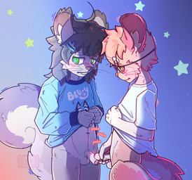 5_fingers accessory anthro anthro_on_anthro arm_tuft balls big_tail biped black_whiskers blue_background blue_clothing blue_sweater blue_topwear blush blush_lines bottomless bottomless_anthro bottomless_male brown_inner_ear brown_nose buckteeth cheek_tuft claws closed_smile clothed clothed_anthro clothed_male clothing clothing_lift countershade_balls countershade_fur countershade_genitalia countershade_penis countershade_tail countershade_torso countershading duo ear_blush ear_tuft elbow_tuft erection eyebrow_through_hair eyebrow_whiskers eyebrows eyewear facial_tuft finger_claws fingerpads fingers foreskin frottage fur fur_tuft furgonomic_eyewear furgonomics genitals glans glasses glistening glistening_eyes gloves_(marking) green_eyes green_pupils grey_background grey_body grey_ears grey_fur grey_hair grey_tail grey_tuft hair hair_accessory hairclip half-closed_eyes half-erect holding_penis humanoid_genitalia humanoid_hands humanoid_penis inner_ear_fluff interspecies iris long_tail looking_away male male/male male_anthro markings medium_hair mouth_closed multicolored_body multicolored_fur multicolored_tail narrowed_eyes navel orange_background orange_text partially_retracted_foreskin pawpads penile penis penises_touching pink_ears pink_glans pink_inner_ear pink_nose pink_pawpads pink_tail poking poking_penis pupils purple_tail round_glasses sex shirt shirt_lift short_hair short_snout shota simple_background slim slim_anthro slim_male smile snout star_polygon sweater sweater_lift t-shirt t-shirt_lift tail tan_body tan_fur tan_inner_ear_fluff tan_tail tan_tuft teeth text text_on_clothing text_on_sweater text_on_topwear thick_eyebrows topwear translucent translucent_hair tuft urethra wearing_glasses whiskers white_balls white_body white_claws white_clothing white_countershading white_eyebrows white_foreskin white_inner_ear_fluff white_markings white_penis white_sclera white_shirt white_t-shirt white_tail white_text white_topwear white_tuft young young_anthro young_male young_on_young nosecandy bluey_(series) dexter_(stupidsquirrel) chinchilla chinchillid mammal rodent sciurid tree_squirrel absurd_res hi_res shaded watermark